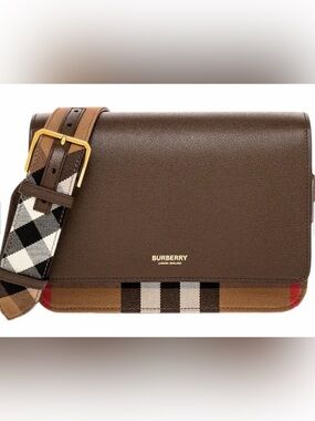NWT Burberry Brown Leather Check Crossbody Bag